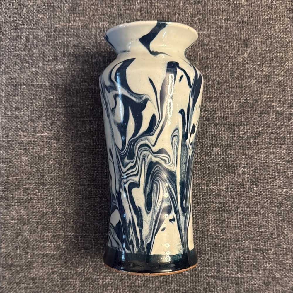 Blue and White Swirl Hand Made Ceramic Vase 7.25”